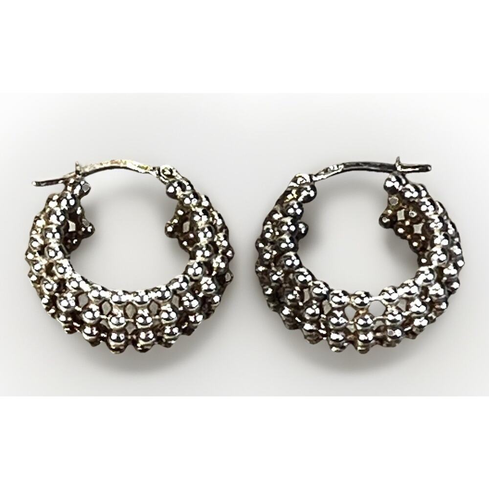 Sterling Silver Beaded Hoop Earrings – Ball Bead Granulated Design – Italy- 6.0g